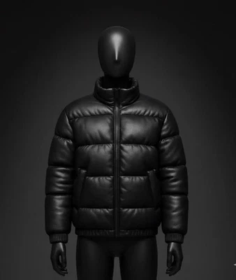 Luxurious Black Leather Puffer Jacket – Quilted Warm Winter Coat – Handmade Men - Image 1 of 4