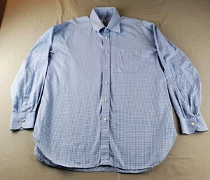 Borrelli Napoli Shirt Mens 16.5 42 Blue Check Button Up Long Sleeve Italy Pocket - Picture 1 of 12