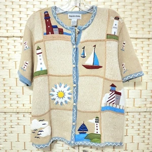 Vintage Hampshire Studios Cotton Ramie Cardigan Lighthouse Size S  - Picture 1 of 12