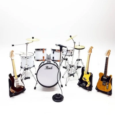 1/12 Miniature Drum Set P34rl Style White + 3 Guitars & Mic – Gift Display Set - Image 1 of 4