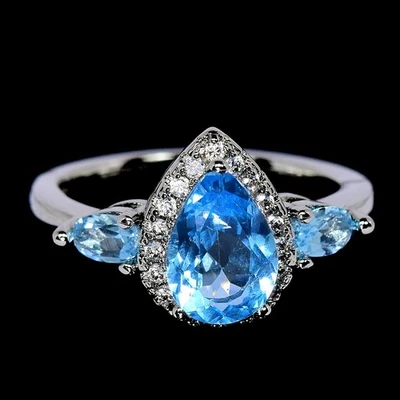 GENUINE AAA SWISS BLUE TOPAZ PEAR & WHITE CZ STERLING 925 SILVER RING SIZE 8 - Image 1 of 4