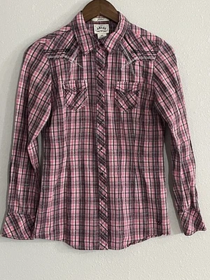 Camisa ocidental feminina Ariat pérola encaixe rosa xadrez fio prata tamanho P/P - Imagem 1 de 4