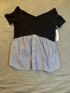 Nicole Miller New York L V Neck Detail Sweater Blouse, Black/Blue/White NWT - Picture 1 of 14