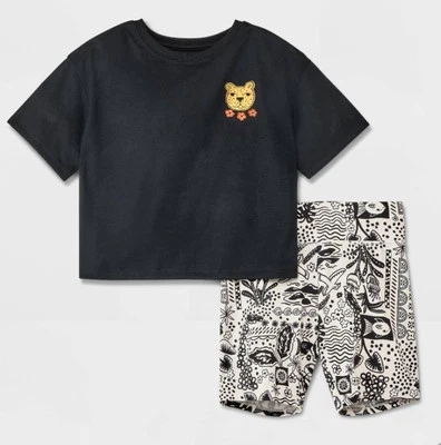 Cat & Jack Girls Sz 6 Pajama Set – Shirt + Black White Print Bike Shorts 2 Piece - Image 1 of 4