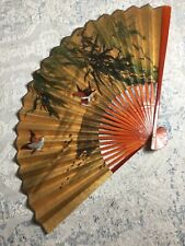 Vintage Oriental 3 Birds Bamboo Large 40”x 24” Folding Wall Fan Hand-Painted Art