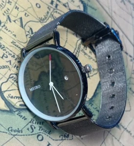 OROLOGIO MEIBO NERO - CON QUADRANTE NERO E DATA - VINTAGE CASUAL UOMO DONNA - Foto 1 di 11
