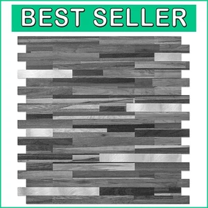10-Sheet Waterproof Backsplash Tiles - Textured Black Wood & Silver Metal Finish - Picture 1 of 8