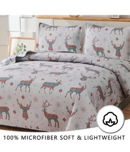 Quilt Set Reversible Queen Xmas Lodge Moose Reindeer Coverlet 3pcs Set Beddings - Picture 1 of 5