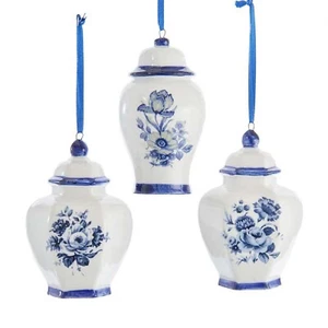 New Kurt Adler Set Of 3 Indigo Blue Porcelain Ginger Jar Ornaments J7464 MWT - Picture 1 of 7