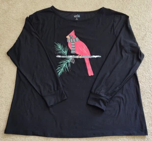 Red Cardinal Scooped Neck Tee ~ Size 1X ~ SR $50 ~ by Croft & Barrow ~ Black Tee - Picture 1 of 5