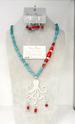 Collana lunga Pasta di Turchese e Corallo Bambu' ciondolo Polipo - Immagine 1 di 4