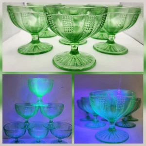 Set Of 6 Vtg Hazel Atlas Green Depression Glass Low Sherbet Colonial Basket Glow - Picture 1 of 22