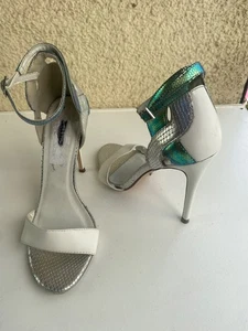 DUNE HIGH HEEL STILETTO WHITE/SILVER/GREEN STRAPPY SANDALS UK6/EU39 SNAKE PRINT - Picture 1 of 16