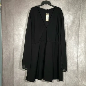 BOOHOO Black Chiffon Split Sleeve V-Neck Mini Dress | Size 24 NWT - Picture 1 of 15