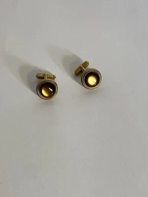 SWANK Cuff Links Gold Tone Brown Tigers Eye Colored Cabochon Round Simple Formal - Image 1 of 4