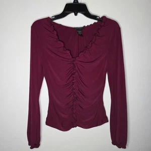 Vintage Y2K Express Burgundy Long Sleeve Ruffle Blouse- Size S - Picture 1 of 7