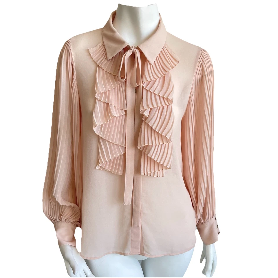 Blusa Blusa Top Zara Cuello Atado Volantes Mangas Globo Botón Transparente Frontal Pequeña Foto 1 de 4