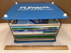 Vintage Playskool Wood Metal Blue Puzzle Storage Rack 10 Puzzle Judy Chicken Dog - Picture 1 of 15