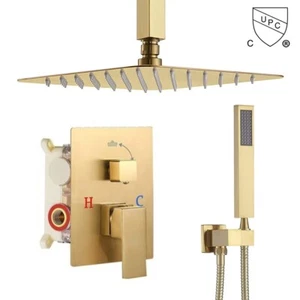 Shower Faucet Set System Brushed Gold 12” Rainfall Head Combo kit w/ Mixer Valve - Picture 1 of 8