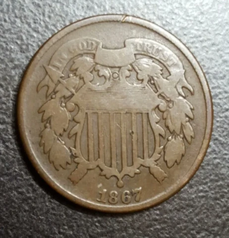 1867 US Two Cent Piece 2c Post Civil War Era Copper Coin IN GOD WE TRUST SHIELD Cover