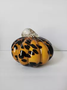 Art Glass Amber Orange Brown Pumpkin (S) w/ Glass Brown Ribbon Stem Animal Print - Picture 1 of 13