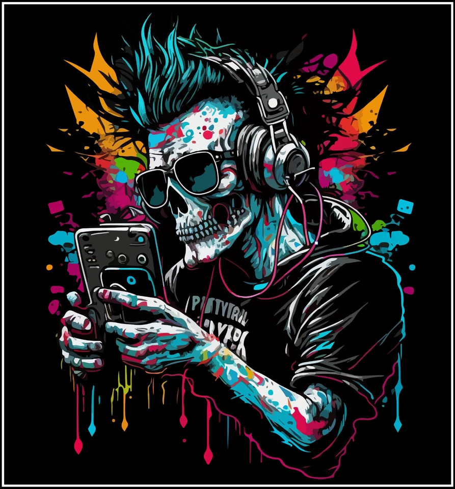 XXL Patch Bügelbild Transferfolie Applikation DTF Folie Skull Musik - Bild 1 von 1