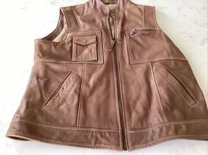 Vintage 1990s Coldwater Creek Vest Brown Genuine Soft Leather Zip w pockets M - Foto 1 di 8