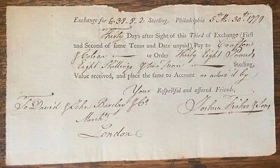 1774 PHILADELPHIA PA MANUSCRIPT FINANCE TRADE DAVID BARCLAY FISHER  EXCHANGE - Image 1 of 3