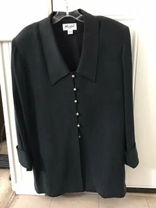 MISHO. 100% BLACK SILK LIGHTWEIGHT JACKET W/CUFFS AND SIVER TONE BUTTONS. S-10 - Picture 1 of 5