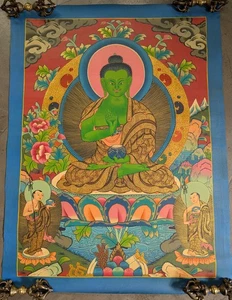 Hand Painted Masterpiece! Thangka Painting Green Medicine Buddha 72x56cm - Picture 1 of 4