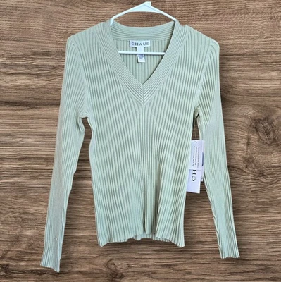 Suéter Chaus Verde Niebla Seda Mezcla Elástica Punto de Acanalado Clásico Informal Pullover/XL Foto 1 de 4