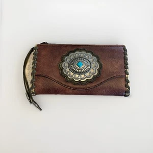 Tony Lama Women's Whipstitch Concho Western Boho Full Size Brown Leather Wallet - Picture 1 of 14