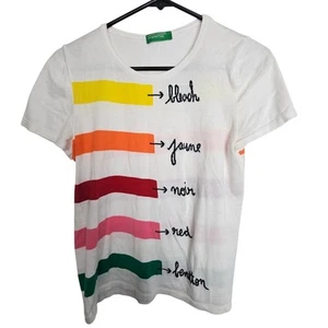 United Colors of Benetton White Short Sleeve Crewneck Top Shirt Striped - Picture 1 of 5