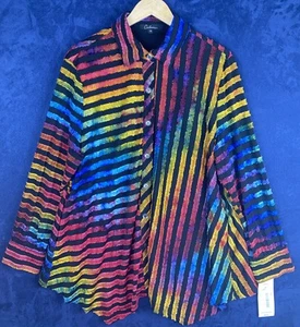 Calessa Button Up Tunic Top Women’s XL Rainbow Burnout Asymmetrical Long - Picture 1 of 10