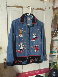 Vintage Quizz Again Schneemann besticktes Jeanshemd verzierter Samt  - Bild 1 von 8