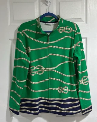 Top Susan Graver Cremallera L Verde Estampado Cuerda Náutica Tejido Elástico con Bolsillos Nuevo sin Etiquetas Foto 1 de 4