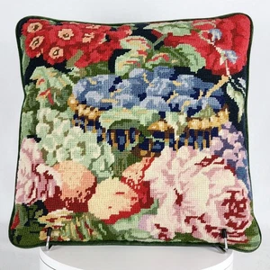 Floral Needlepoint w/Green Back 16" x 16" Throw Pillow - Picture 1 of 9