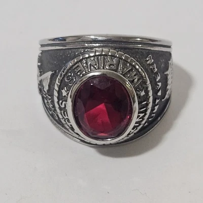 United States Marines RING USA USMC Stainless Steel Veteran Red CZ Men's Size 14 - Image 1 of 4
