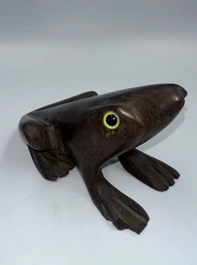 Vintage Ironwood Carved Animal Frog Toad Sculpture Figure Green Glass Eyes Wood - Picture 1 of 11