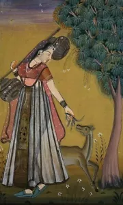 India Indian Mughal Illuminated Page depicting a Maiden feeding Deer ca. 19th c - Picture 1 of 12