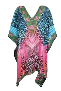 Boho Short Kaftan Jewel Print Georgette Beach Cover Up Loose Evening Dress 4XL