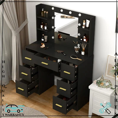 Tocador Escritorio Tocador Negro con Iluminación LED 7 Cajones Moderno Foto 1 de 4