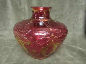 Vaso circa 1905 Dugan Art Glass Nouveau rubino mirtillo rosso e oro motivo foglia floreale - Foto 1 di 4