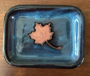 Art pottery trinket tray PEI Lentz pottery blue glaze maple leaf design small - Picture 1 of 3