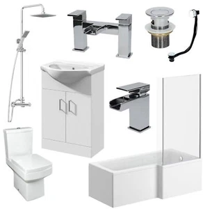 Complete Bathroom Suite L Shaped RH Bath Basin Vanity Unit Toilet Shower Taps - Picture 1 of 16