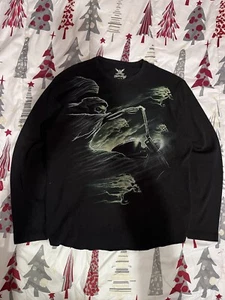 Vintage Y2K Faded Glory Grim Reaper Motorcycle Skull Black Thermal Size Large - Picture 1 of 7