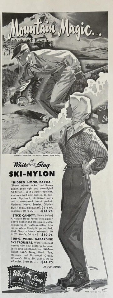 20 世纪 50 年代白鹿滑雪狗波特兰俄勒冈山魔法尼龙复古印刷广告 — 第 1/1 张图片