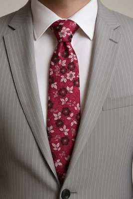 Red Mens Tie Merlot Wine Burgundy Silver Rose Floral Formal Gift Silk UK - Image 1 of 4
