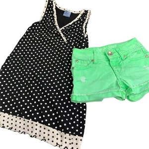 Justice Childrens Place Dress Denim Shorts size 6 Black Polka Dot Lime Green - Picture 1 of 4