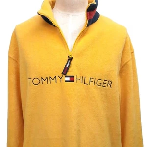 Vintage Tommy Hilfiger Fleece Sweater XL Yellow Spell Out 1/4 Zip Pullover - Picture 1 of 13